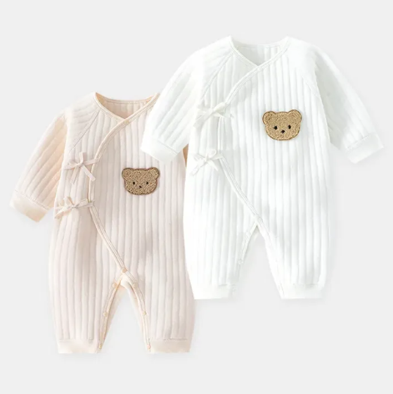 LittleCuddle™ Bear Kimono Romper | Soft Cotton Long-Sleeve Newborn Baby Bodysuit