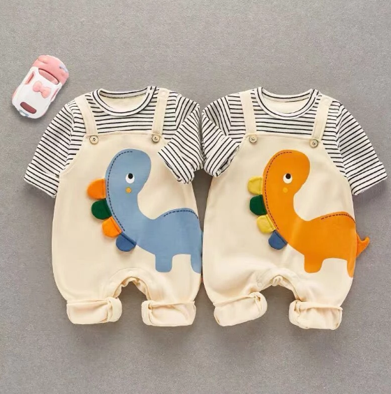 DinoSnuggle™ Baby Dinosaur Romper | Soft Cotton Summer Outfit with Striped Sleeves