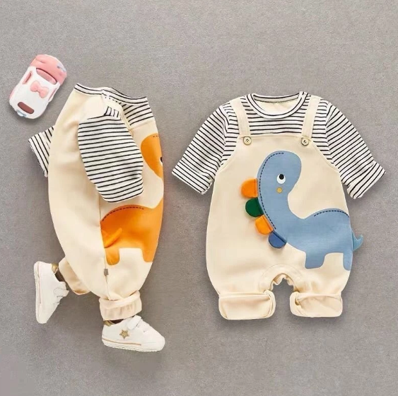 DinoSnuggle™ Baby Dinosaur Romper | Soft Cotton Summer Outfit with Striped Sleeves