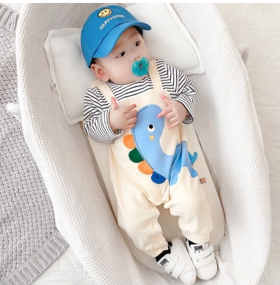 DinoSnuggle™ Baby Dinosaur Romper | Soft Cotton Summer Outfit with Striped Sleeves